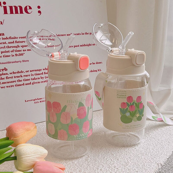 Kawaii Water Bottle With Straw and strap | 480ml water bottle |BPA-free water bottle - Water bottle