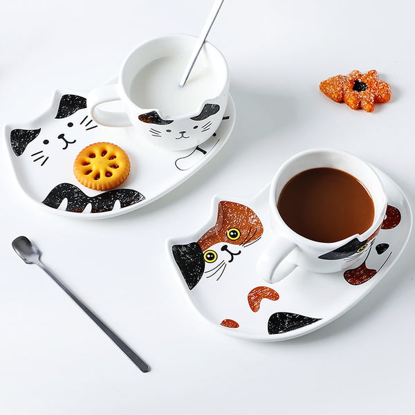 cute cat ceramics coffee mug set