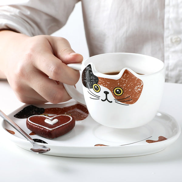 cute cat ceramics coffee mug set