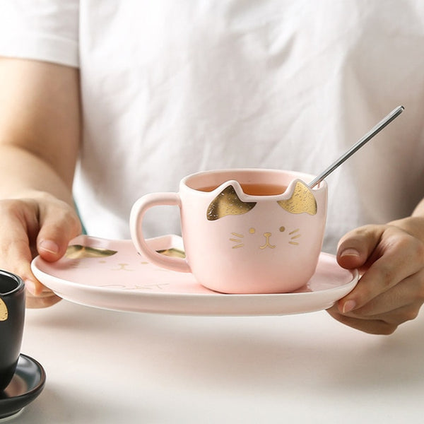 cute cat ceramics coffee mug set new pink