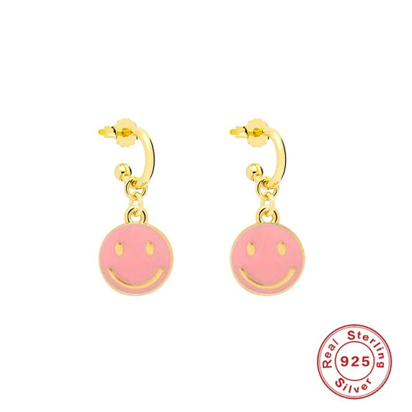 smiling face hoop earrings pink