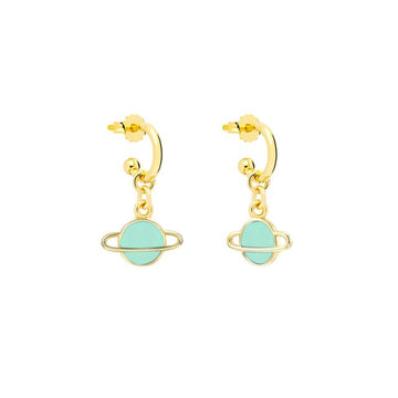 smiling face hoop earrings green saturn