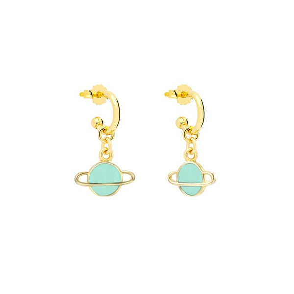 smiling face hoop earrings green saturn
