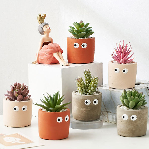 cement flower pot with artificial succulents