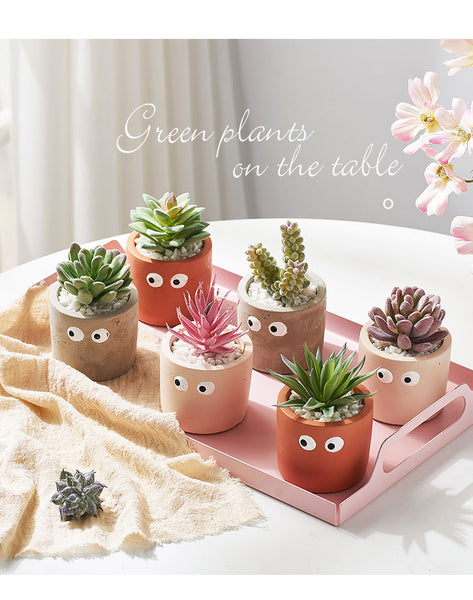 cement flower pot with artificial succulents