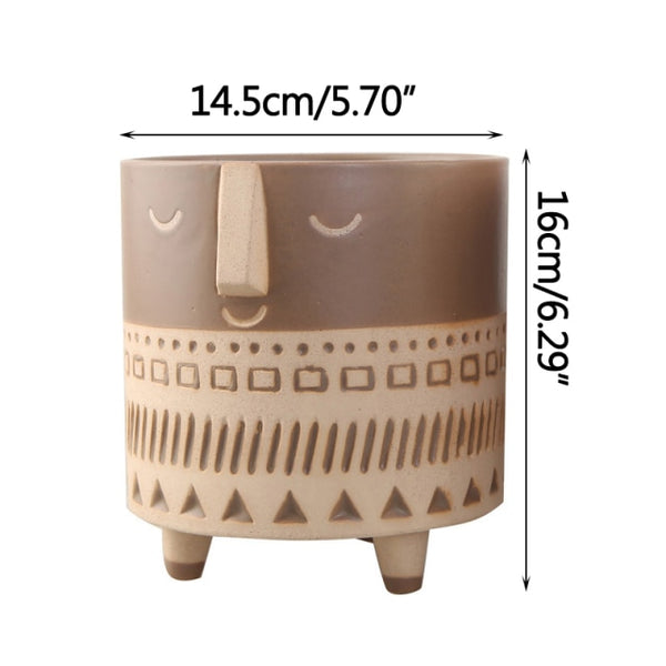 human face ceramic flower pot brown
