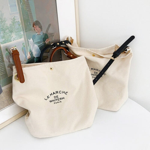 Vintage French bag Canvas tot Bag With Leather Shoulder Strap