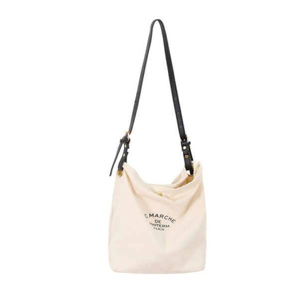 vintage french bag |canvas tot bag with leather shoulder strap | large tote shopping bag | black